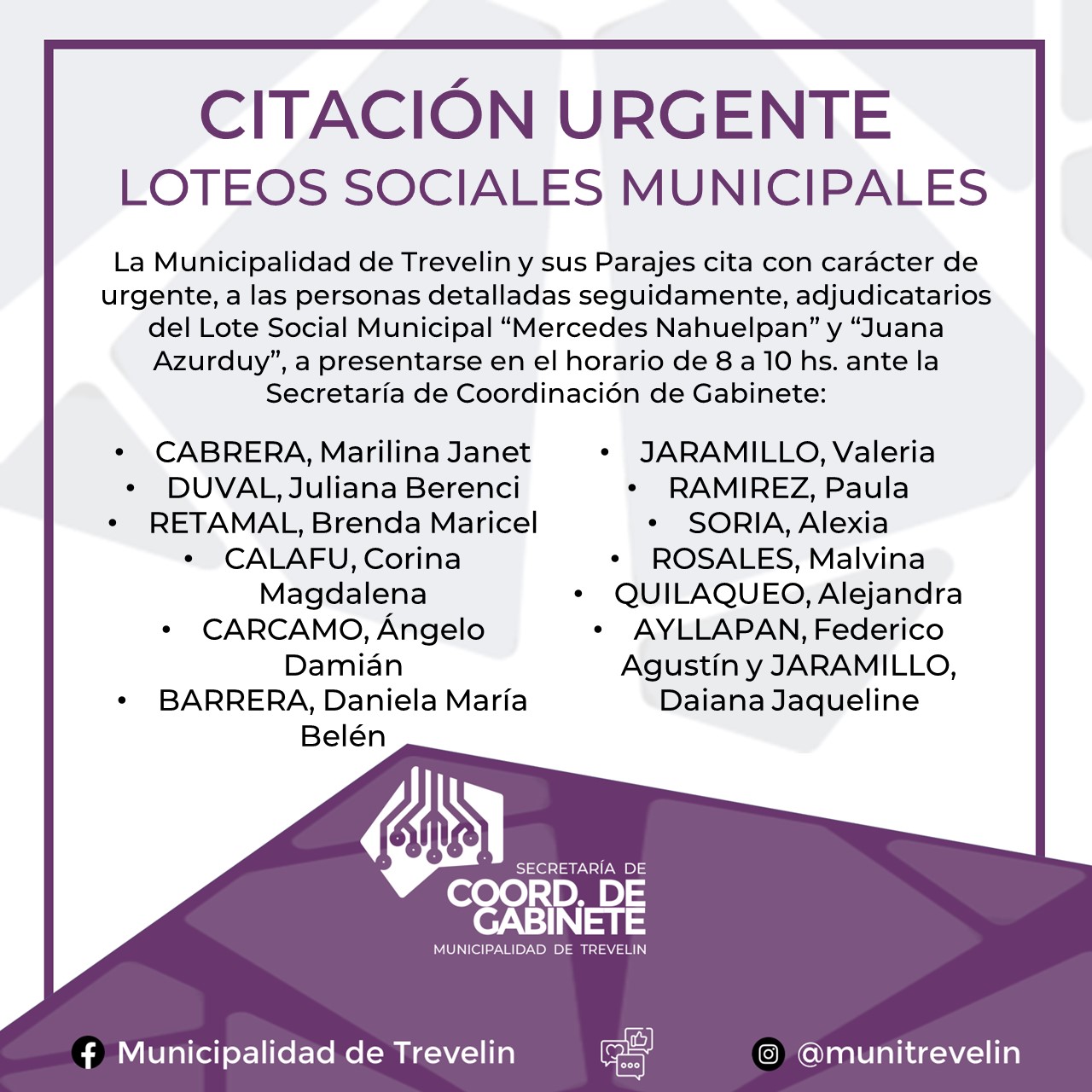 Citación Urgente - Loteos Sociales Municipales.